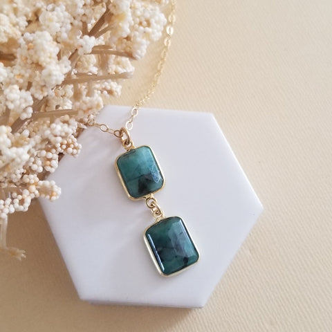 Natural Emerald Pendant Necklace, Gold Emerald Necklace, Center Drop Necklace