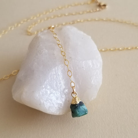 Raw Emerald Y Style Necklace, Center Drop Necklace, May Birthstone
