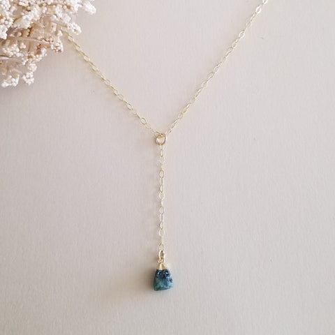 Raw Emerald Y Style Necklace, Center Drop Necklace, May Birthstone