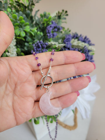 Boho Amethyst Beaded Toggle Necklace with Rose Quartz Moon Pendant