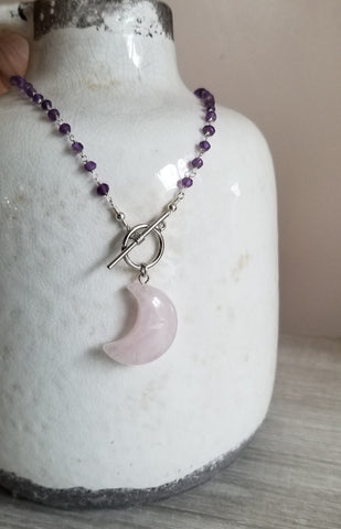 Amethyst Necklace, Rose Quartz Pendant, Front Toggle Necklace, Boho Beaded Chain Necklace, Crescent Moon Pendant Necklace, Gift for Her