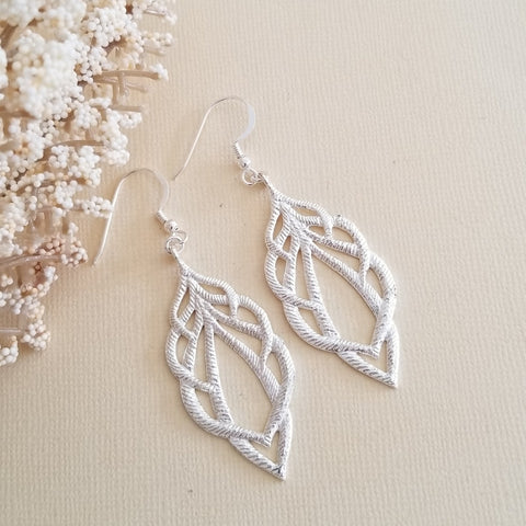 Brushed Silver or Gold Dangle Earrings, Boho Feather Design