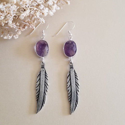 Boho Feather and Amethyst Dangle Earrings
