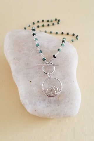 Emerald Necklace, Lotus Flower Pendant Necklace, Silver Front Toggle Necklace, Boho Lotus Necklace, Raw Emerald Beaded Chain, Gift for Her