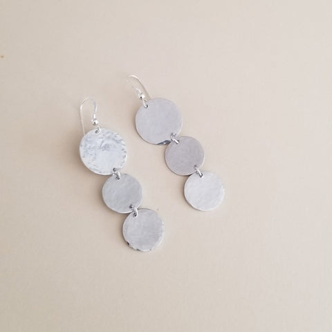 Long Hammered Silver Coin Dangle Earrings, Lightweight Statement Earrings