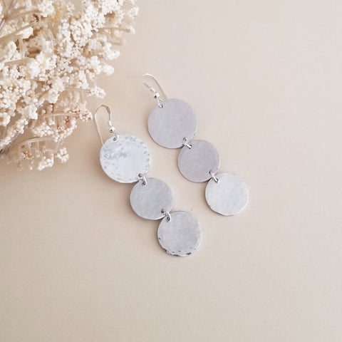 Long Hammered Silver Coin Dangle Earrings, Lightweight Statement Earrings