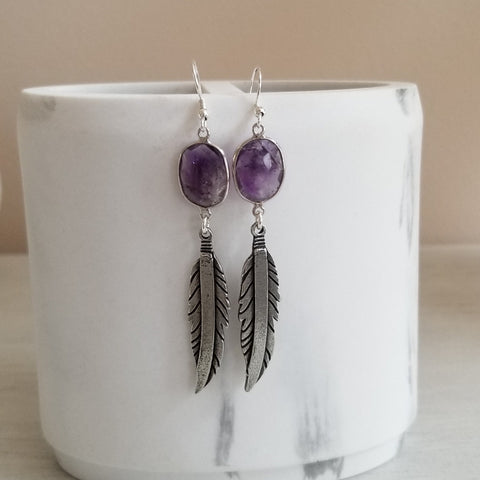 Boho Feather and Amethyst Dangle Earrings, Bohemian Style Earrings