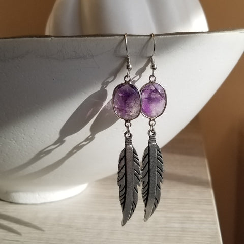 Handmade Boho Feather and Amethyst Dangle Earrings, Gift for Her