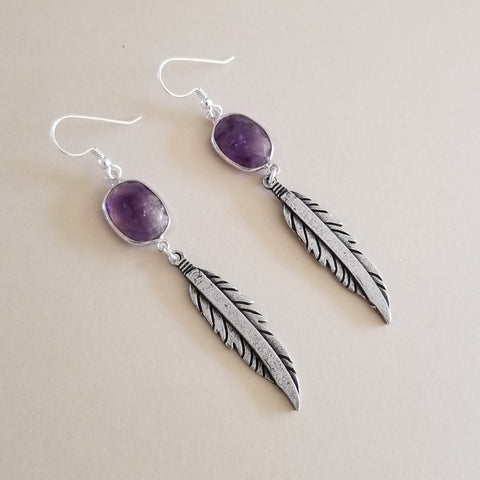 Boho Feather and Amethyst Dangle Earrings, Bohemian Jewelry for women