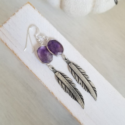 Boho Feather and Amethyst Dangle Earrings, Amethyst Jewelry, February Birthstone, Gift for Her