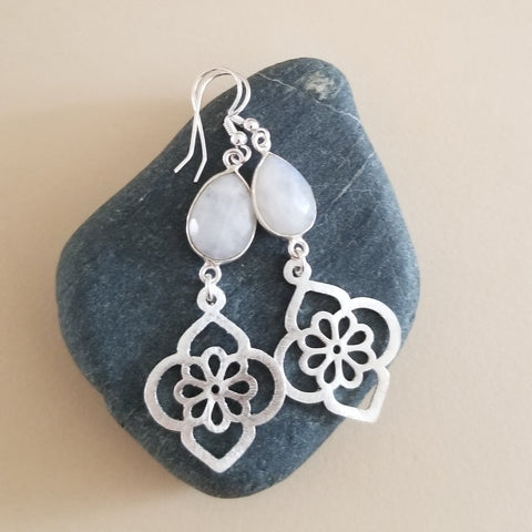 Brushed Silver or Gold Moonstone Floral Earrings, Statement Earrings for Women