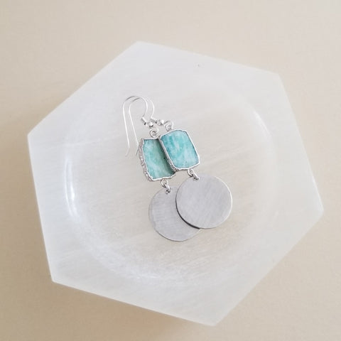 Handmade silver hammered circle earrings with natural amazonite gemstones, boho chic dangle jewelry. Gift for her