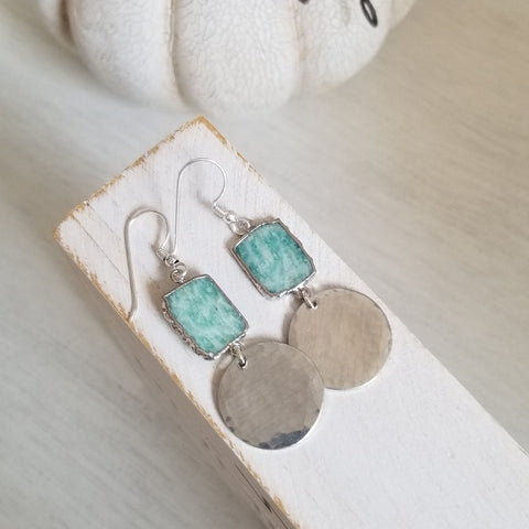Handmade silver hammered circle earrings with natural amazonite gemstones, boho chic dangle jewelry