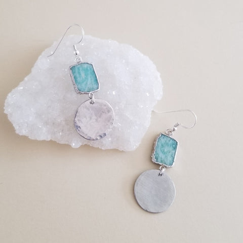 Handmade silver hammered circle earrings with natural amazonite gemstones, boho chic dangle jewelry. Bohemian gemstone earrings for women