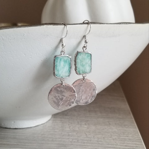 Handmade silver hammered circle earrings with natural amazonite gemstones, boho chic dangle jewelry