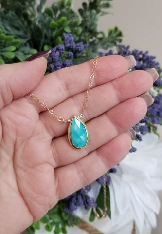 Gold Turquoise Teardrop Pendant Necklace, Layering Necklace