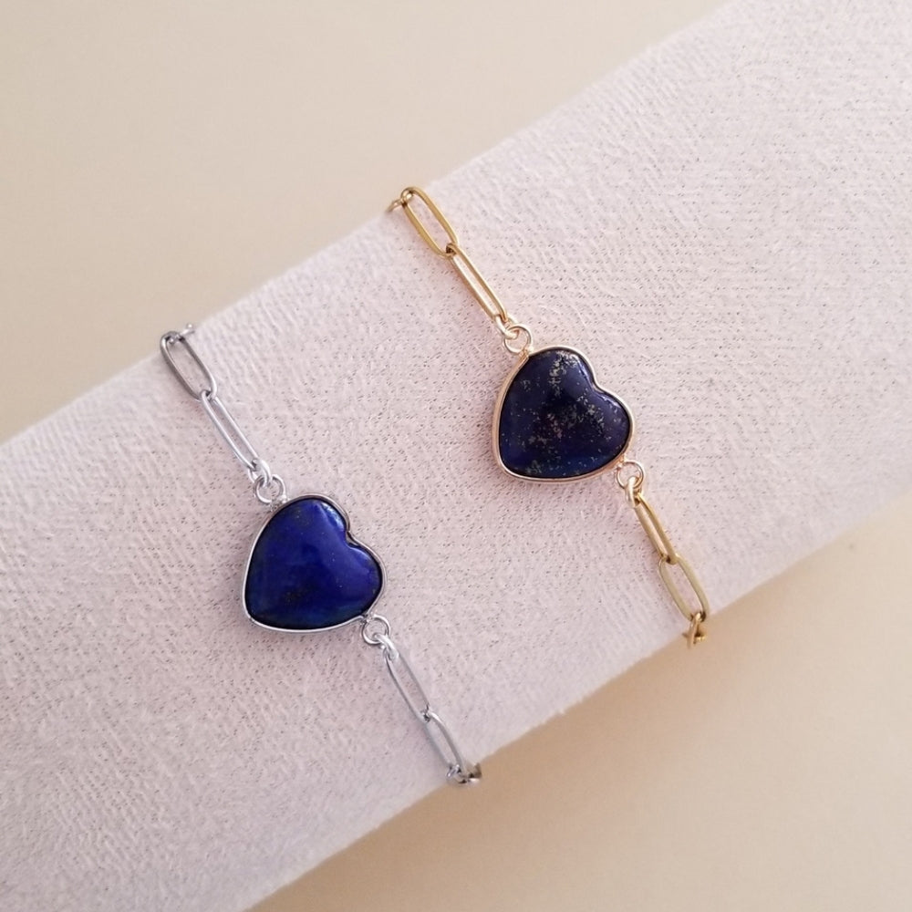 Lapis Lazuli Heart Bracelet, Stainless Steel Paperclip Chain Silver or Gold