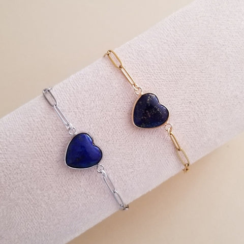 Lapis Lazuli Heart Bracelet, Stainless Steel Paperclip Chain Silver or Gold