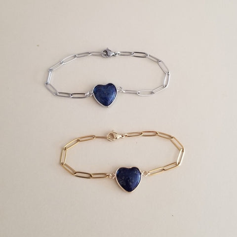 Lapis Lazuli Heart Bracelet, Stainless Steel Paperclip Chain Silver or Gold