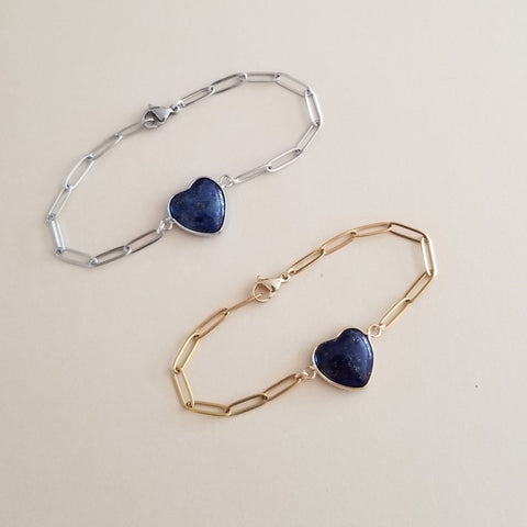 Lapis Lazuli Heart Bracelet, Stainless Steel Paperclip Chain Silver or Gold