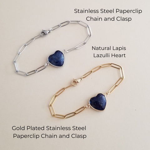 Lapis Lazuli Heart Bracelet, Stainless Steel Paperclip Chain Silver or Gold
