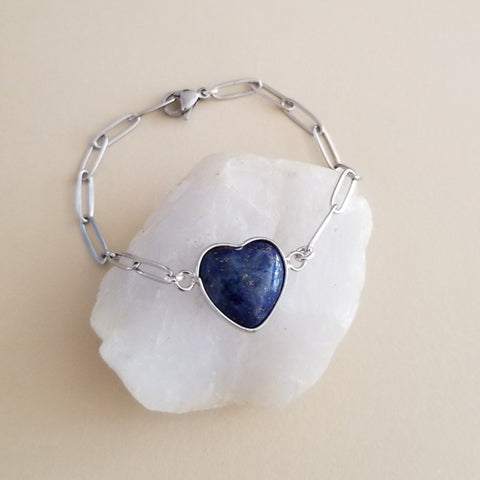 Lapis Lazuli Heart Bracelet, Stainless Steel Paperclip Chain Silver or Gold