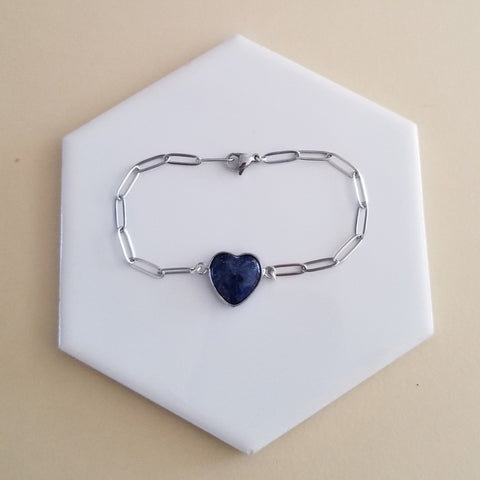 Lapis Lazuli Heart Bracelet, Stainless Steel Paperclip Chain Silver or Gold