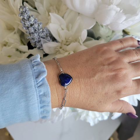 Lapis Lazuli Heart Bracelet, Stainless Steel Paperclip Chain Silver or Gold