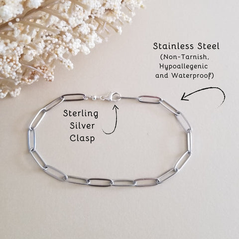 Stainless Steel Paperclip Chain Bracelet, Hypoallergenic, Non Tarnish Waterproof Jewelry