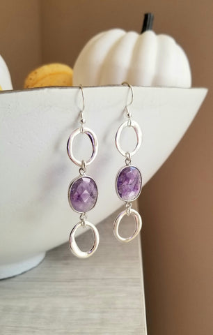 Sterling Silver Amethyst Earrings, Long Gemstone Earrings, Statement Earrings