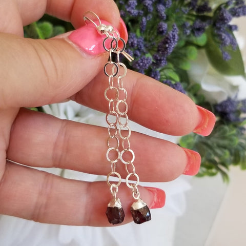 Long Sterling Silver Garnet Earrings