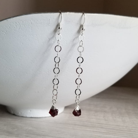 Long Sterling Silver Garnet Earrings