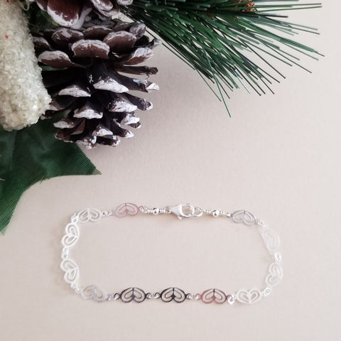 Ultra Dainty Sterling Silver Hearts Link Bracelet, Gift for Her
