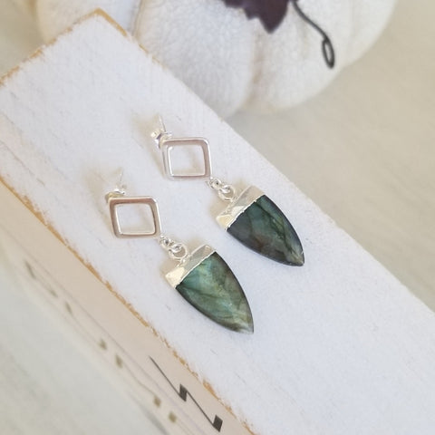 Diamond shaped ear posts accented with natural Labradorite stones. Gemstone dangle earrings for women