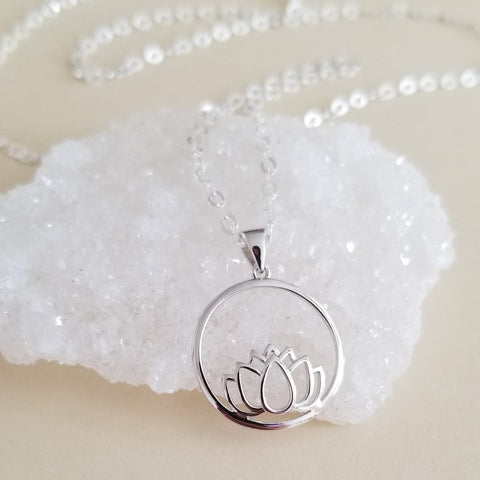Silver Lotus FLower Necklace, Yoga Jewelry, Lotus Pendant, Gift for Her