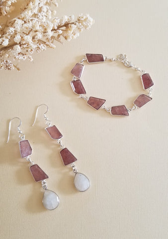 Long Moonstone and Strawberry Quartz Earrings, Gem Drop Earrings for Women