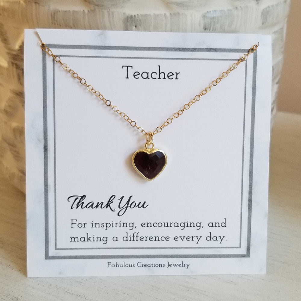 Teacher Gift, Dainty Garnet Heart Necklace, Stainless Steel Waterproof Chain