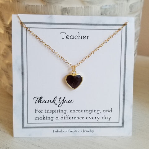 Teacher Gift, Dainty Garnet Heart Necklace, Stainless Steel Waterproof Chain
