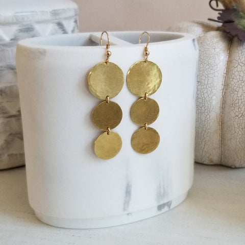 Long Hammered Gold Coin Drop Earrings, Statement Dangle Earrings