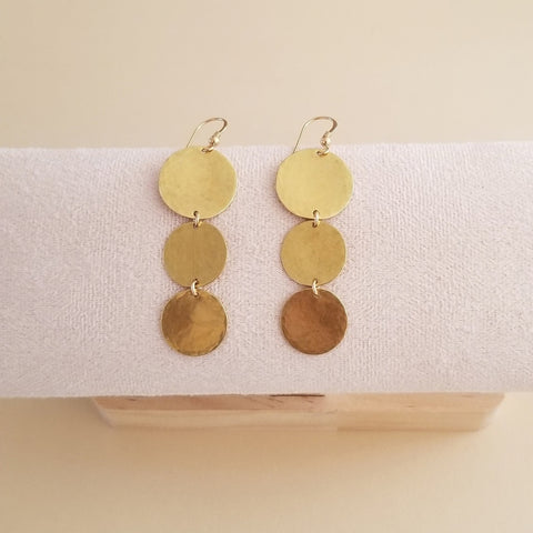 Long Hammered Gold Coin Dangle Earrings