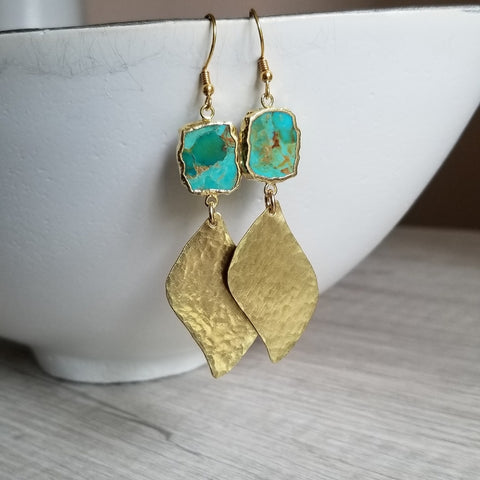 Gold Turquoise Dangle Earrings, Gold Petal Design Earrings, Boho Turquoise Earrings, Handmade Gemstone Earrings for Women