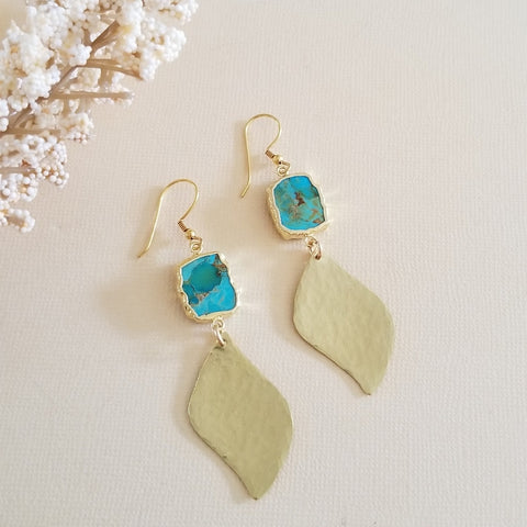 Gold Turquoise Dangle Earrings, Gold Petal Design Earrings, Boho Turquoise Jewelry