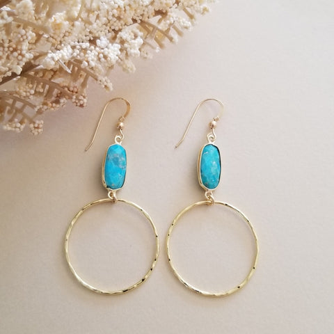 Boho Turquoise Hoop Earrings, Gold Hoops