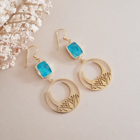 Gold Turquoise Lotus Moon Dangle Earrings