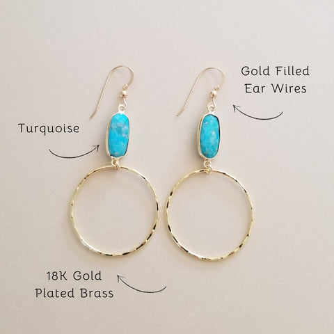 Boho Turquoise Hoop Earrings, Gold Hoops