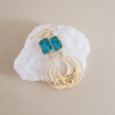 Gold Turquoise Lotus Moon Dangle Earrings, Boho Turquoise Earrings, Gift for Her