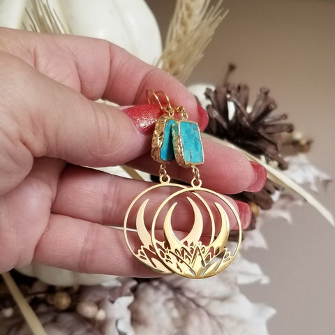 Gold Turquoise Lotus Moon Dangle Earrings