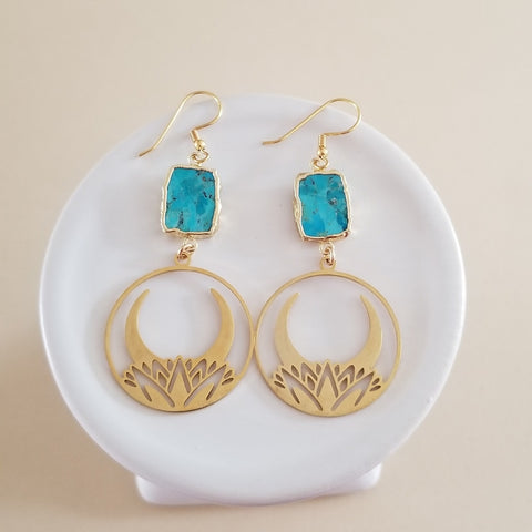 Gold Turquoise Lotus Moon Dangle Earrings