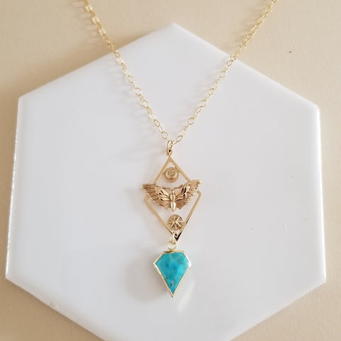 Moth Sun and Moon Pendant Necklace with Turquoise, Talisman Jewelry