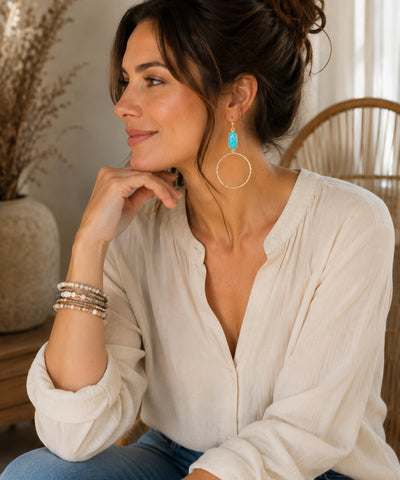 Boho Turquoise Hoop Earrings, Gold Hoops